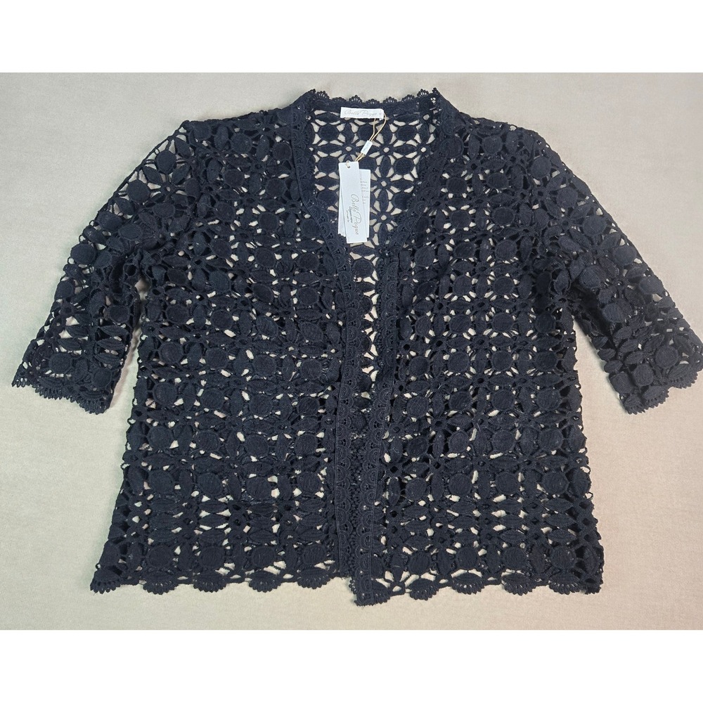 Belle Pogue Open Front‎ 3/4 Sleeve Black Knit Crochet Cardigan XL